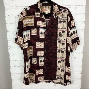 Hilo Hattie Brown Tropical Palm Print Hawaiian Button Down Rayon Shirt L